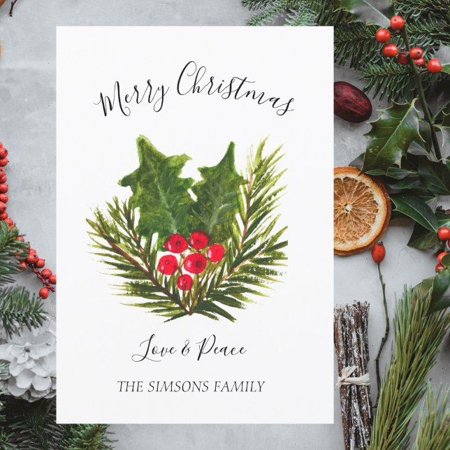 Cartes Pour Fêtes Annuelles Aquarelle Holly Joyeux et Arbre de Noël brillant (Créateur téléchargé)