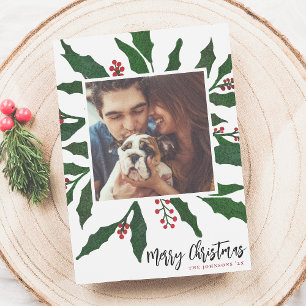Cartes Pour Fêtes Annuelles Aquarelle Holly & Joyeux Noël Photo de Noël