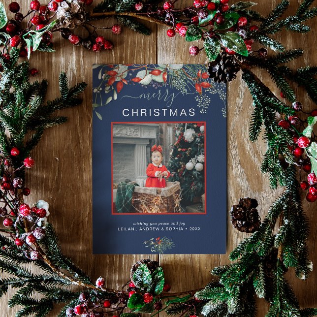 Cartes Pour Fêtes Annuelles Aquarelle Holly Joyeux Noël Photo Marine Blue (You will love these beautiful Christmas cards! They feature botanical watercolor pine and berries.)