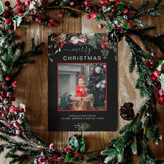 Cartes Pour Fêtes Annuelles Aquarelle Holly Joyeux Noël Photo Noir (You will love these beautiful Christmas cards! They feature botanical watercolor pine and berries.)