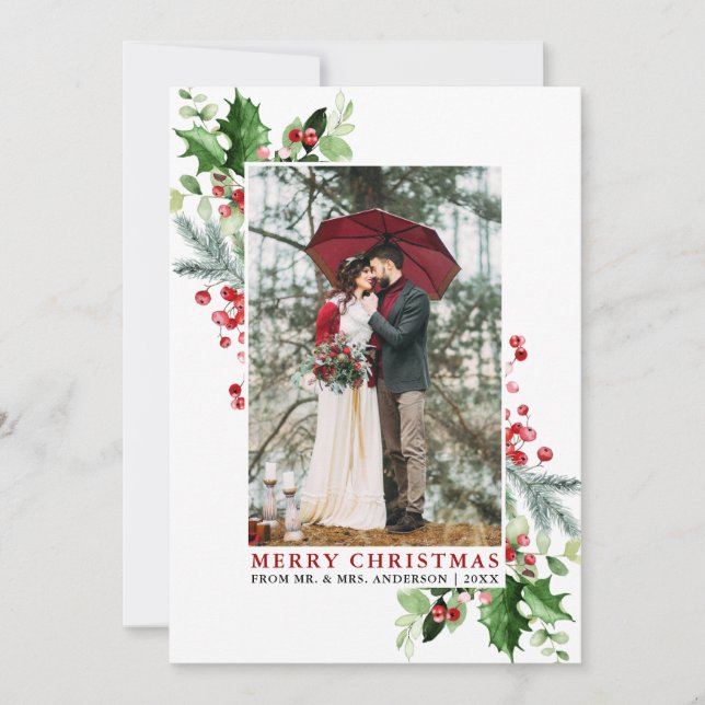 Cartes Pour Fêtes Annuelles Aquarelle Holly Noël Vert Mariage rouge (Devant)