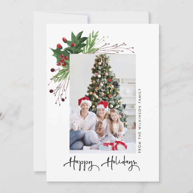 Cartes Pour Fêtes Annuelles Aquarelle Holly Photo Famille Joyeux Vacances (Devant)