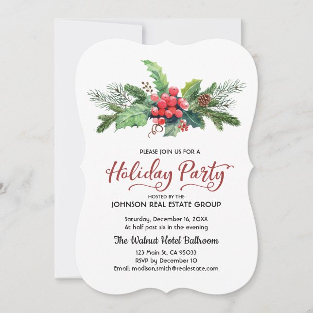 Cartes Pour Fêtes Annuelles Aquarelle Holly Pine & Berry | Vacances (Devant)