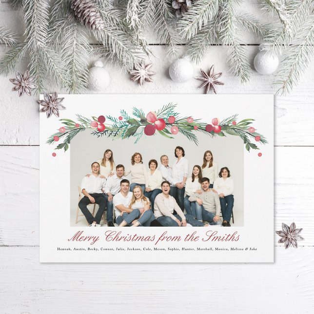 Cartes Pour Fêtes Annuelles Aquarelle Holly Pine Élégante Photo grande famille (Créateur téléchargé)