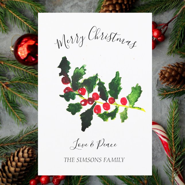 Cartes Pour Fêtes Annuelles Aquarelle Holly sapin de Noël Joyeux et lumineux (Créateur téléchargé)