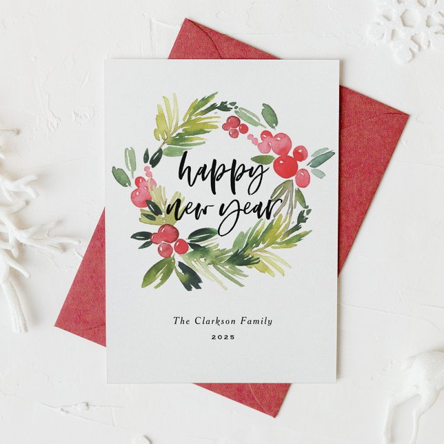 Cartes Pour Fêtes Annuelles Aquarelle Holly Wreath 2025 Bonne année (Créateur téléchargé)