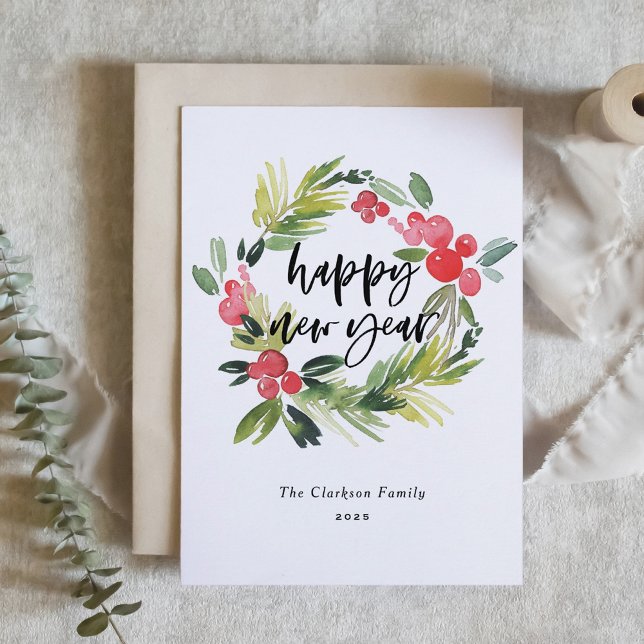 Cartes Pour Fêtes Annuelles Aquarelle Holly Wreath 2025 Bonne année (Créateur téléchargé)