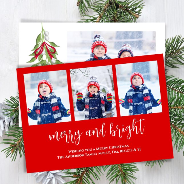 Cartes Pour Fêtes Annuelles Aquarelle Joyeuse et brillante Mistletoe 4 Photo (Merry and Bright Christmas holiday photo card.)