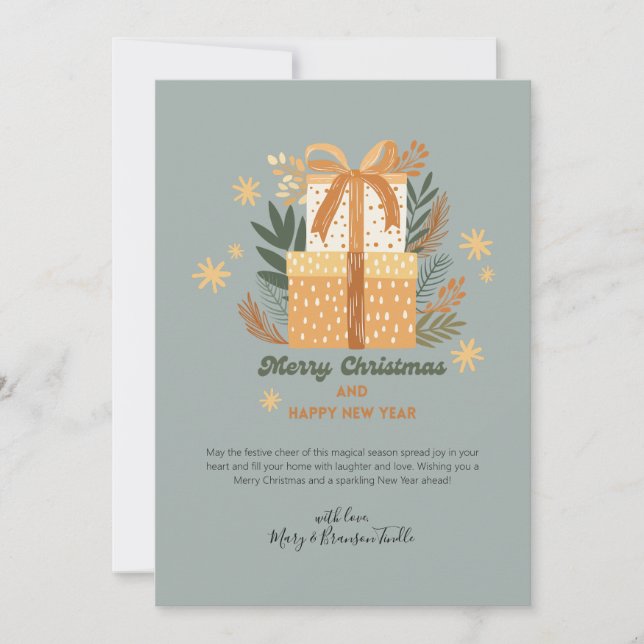 Cartes Pour Fêtes Annuelles Aquarelle "Joyeux Noël" Cadeaux et verdure (Devant)