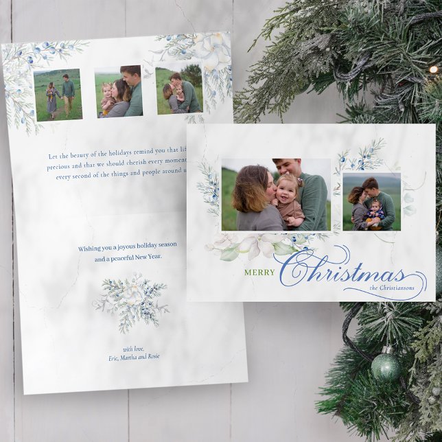 Cartes Pour Fêtes Annuelles Aquarelle Joyeux Noël Script Juniper Photo (Créateur téléchargé)