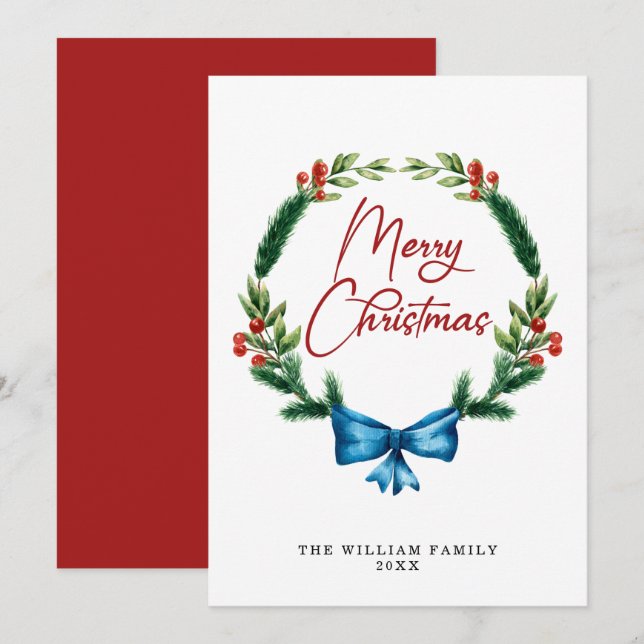 Cartes Pour Fêtes Annuelles Aquarelle Joyeux Noël vert couronne (Devant / Derrière)