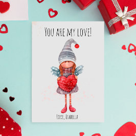 Cartes Pour Fêtes Annuelles Aquarelle Lady Gnome Avec Pun Coeur Rouge Valentin
