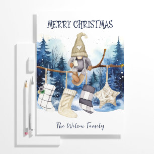 Cartes Pour Fêtes Annuelles Aquarelle Lady Gnome Forêt Bleue Joyeux Noël