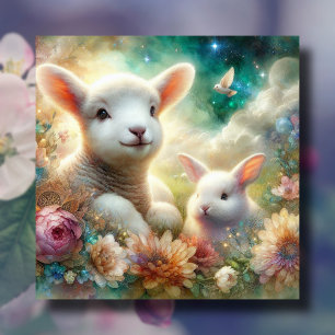 Cartes Pour Fêtes Annuelles Aquarelle Lamb Lapin Fleurs Religieuses Pâques