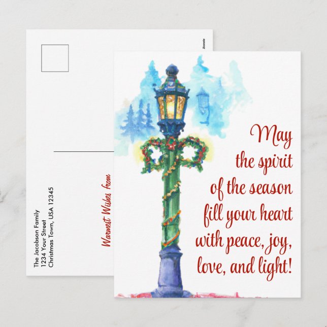 Cartes Pour Fêtes Annuelles Aquarelle Lampe Post Festif Noël (Devant / Derrière)