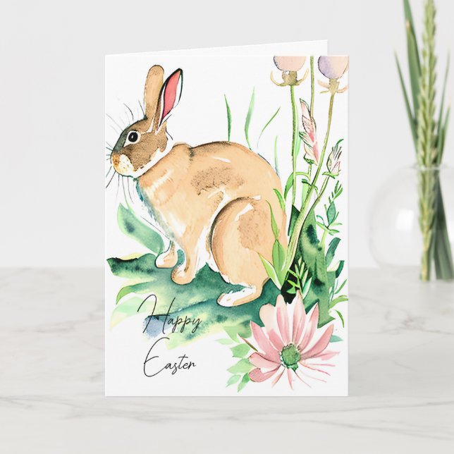 Cartes Pour Fêtes Annuelles Aquarelle lapin dans jardin fleuri sur mesure Pâqu (Devant)