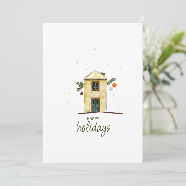 Cartes Pour Fêtes Annuelles Aquarelle Maison Joyeuses Fêtes Non-photo (Debout devant)
