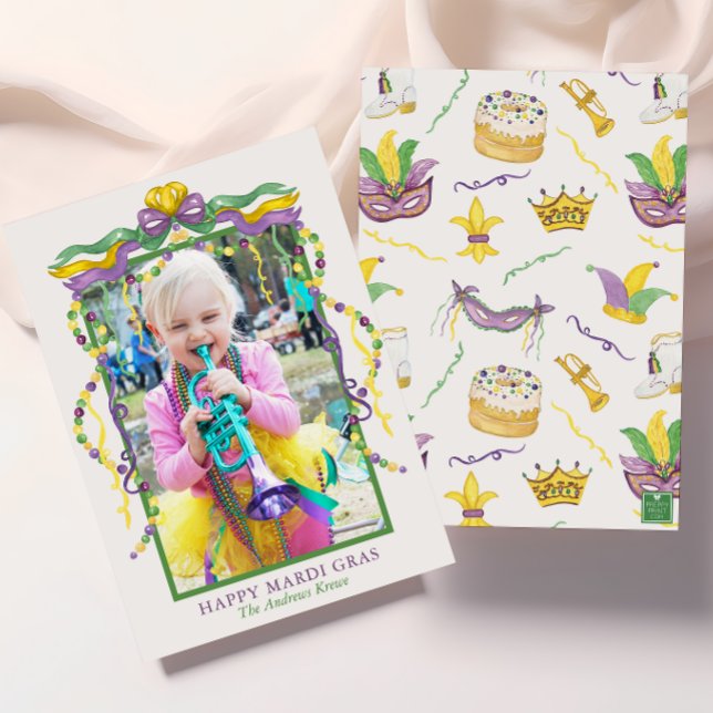 Cartes Pour Fêtes Annuelles Aquarelle Mardi Gras Masques King Cake Crown Photo (Créateur téléchargé)