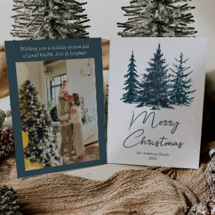 Cartes Pour Fêtes Annuelles Aquarelle Marine Pine Bleue Arbres Photo Noël