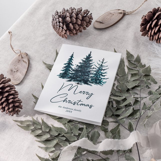 Cartes Pour Fêtes Annuelles Aquarelle Marine Pins Bleus Arbres Joyeux Noël (Créateur téléchargé)