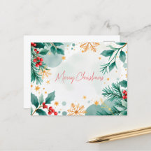 Aquarelle Merry Christmas Card Feuilles & Berries