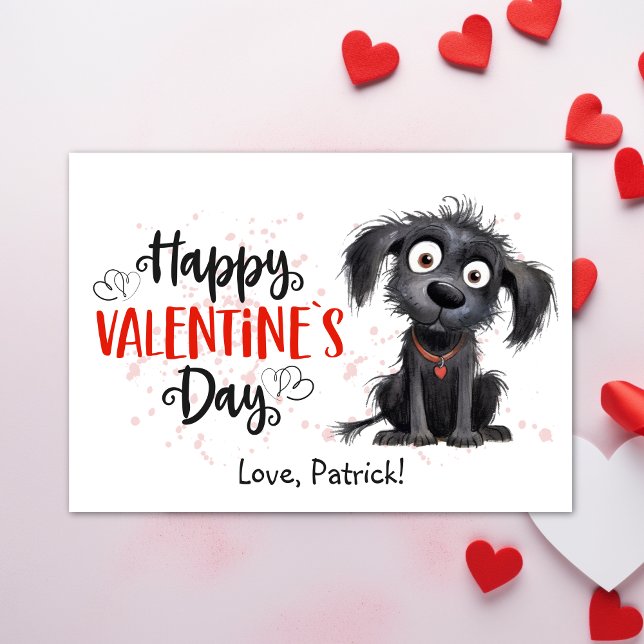 Cartes Pour Fêtes Annuelles Aquarelle mignonne Chiot noir Bonne Valentines (Cute Watercolor Black Puppy Happy Valentines Holiday Card - Cute Cartoon Black Puppy, Printable)