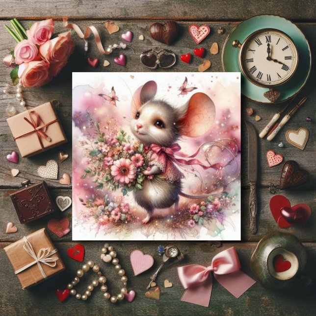 Cartes Pour Fêtes Annuelles Aquarelle mignonne Saint Valentin Souris Fleurs ro (Créateur téléchargé)