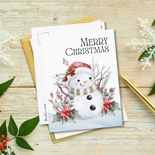Cartes Pour Fêtes Annuelles Aquarelle mignonne Snowman avec Santa Hat & Floral