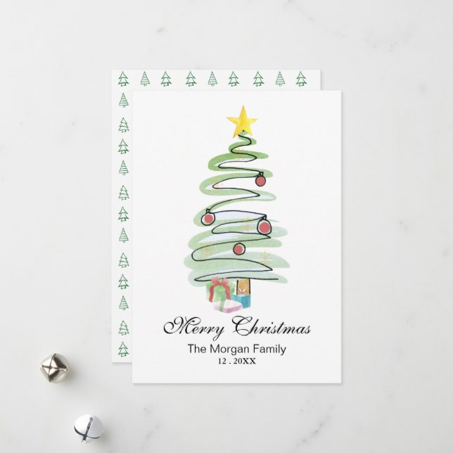 Cartes Pour Fêtes Annuelles Aquarelle minimale Arbre de Noël non photo (Devant/Arrière en situation)