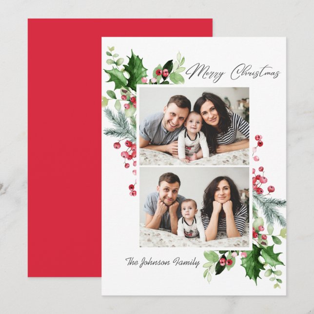 Cartes Pour Fêtes Annuelles Aquarelle Mistletoe Holly Berry Noël 2 PHOTO (Devant / Derrière)