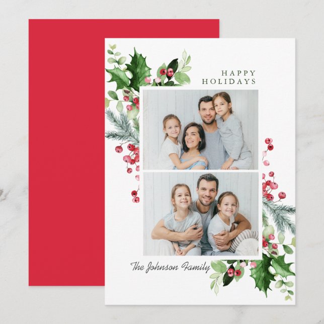 Cartes Pour Fêtes Annuelles Aquarelle Mistletoe Holly Berry Noël 2 PHOTO (Devant / Derrière)