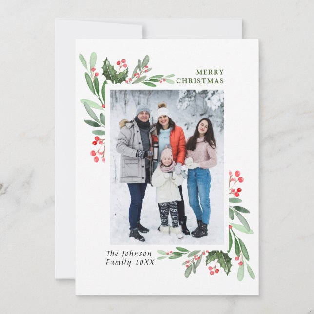 Cartes Pour Fêtes Annuelles Aquarelle Mistletoe Holly Berry Photo de Noël (Devant)