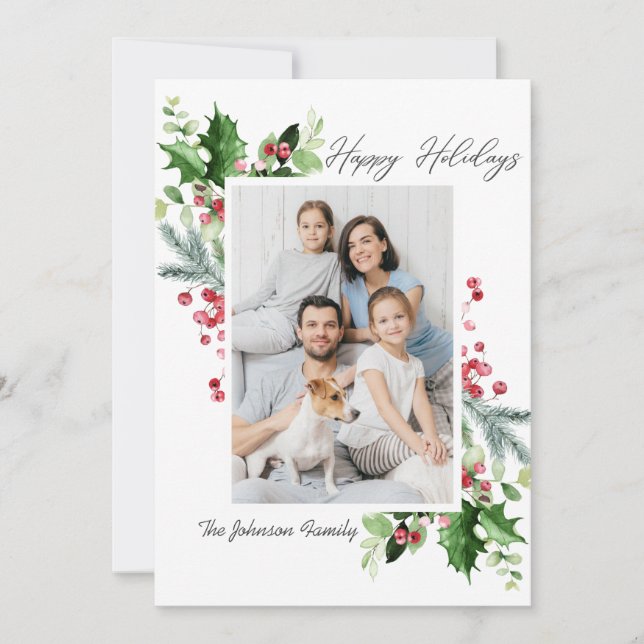 Cartes Pour Fêtes Annuelles Aquarelle Mistletoe Holly Berry Photo de Noël (Devant)