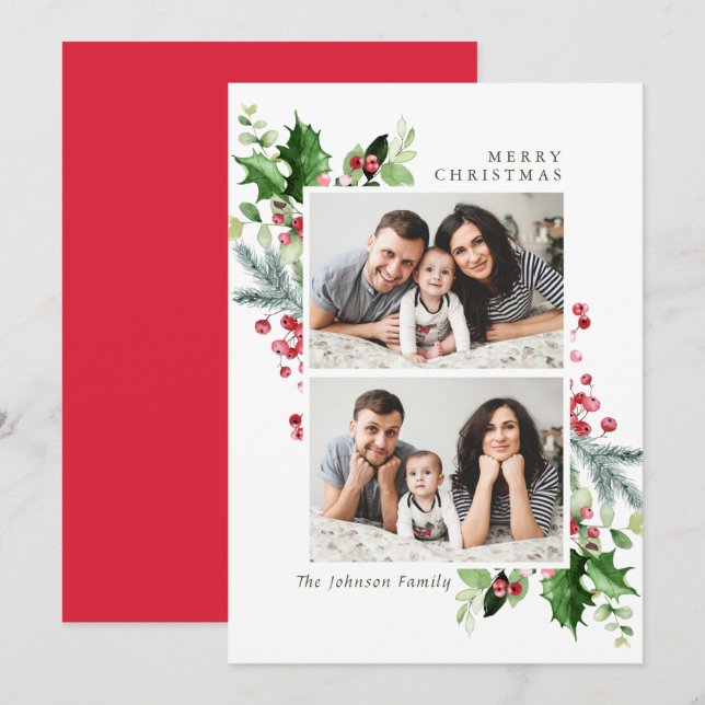 Cartes Pour Fêtes Annuelles Aquarelle Mistletoe Holly Berry Photo de Noël (Devant / Derrière)