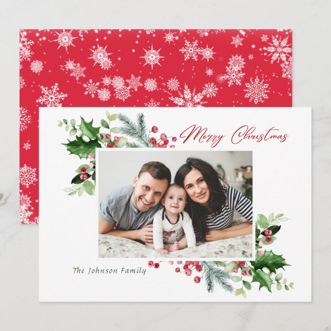Cartes Pour Fêtes Annuelles Aquarelle Mistletoe Holly Berry Photo de Noël (Devant / Derrière)