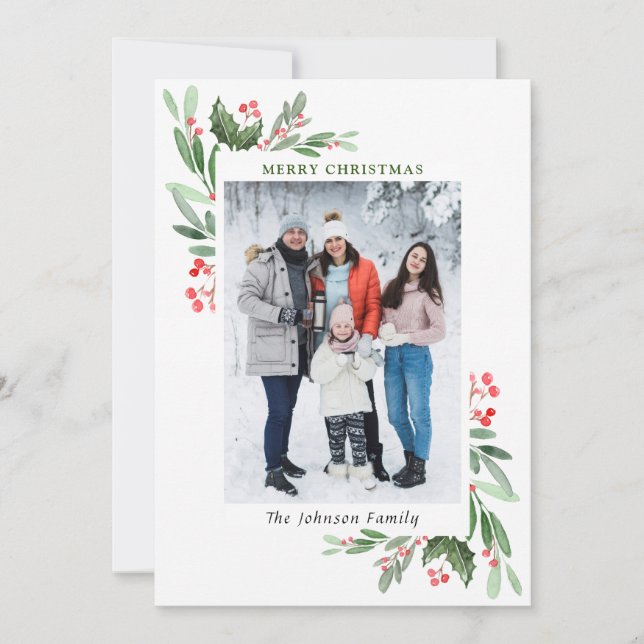 Cartes Pour Fêtes Annuelles Aquarelle Mistletoe Holly Berry Photo de Noël (Devant)