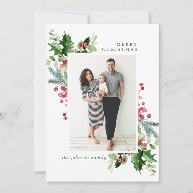Cartes Pour Fêtes Annuelles Aquarelle Mistletoe Holly Berry Photo de Noël (Devant)