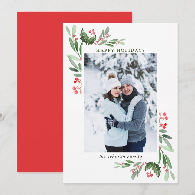 Cartes Pour Fêtes Annuelles Aquarelle Mistletoe Holly Berry Photo de Noël (Devant / Derrière)