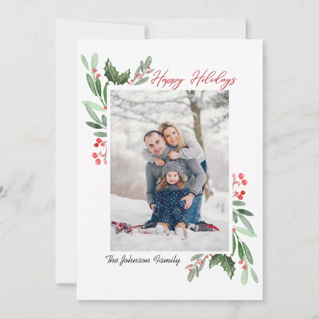Cartes Pour Fêtes Annuelles Aquarelle Mistletoe Holly Berry Photo de Noël (Devant)