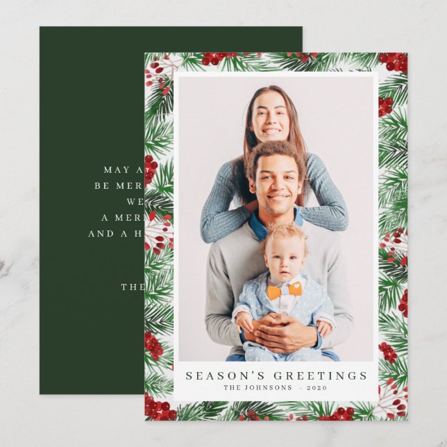Cartes Pour Fêtes Annuelles Aquarelle Moderne de Noël Feuillage Botaniques (Devant / Derrière)
