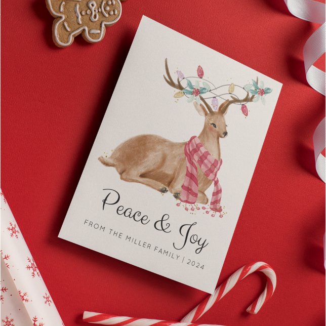 Cartes Pour Fêtes Annuelles Aquarelle moderne Deer Paix et Joie Noël (Créateur téléchargé)