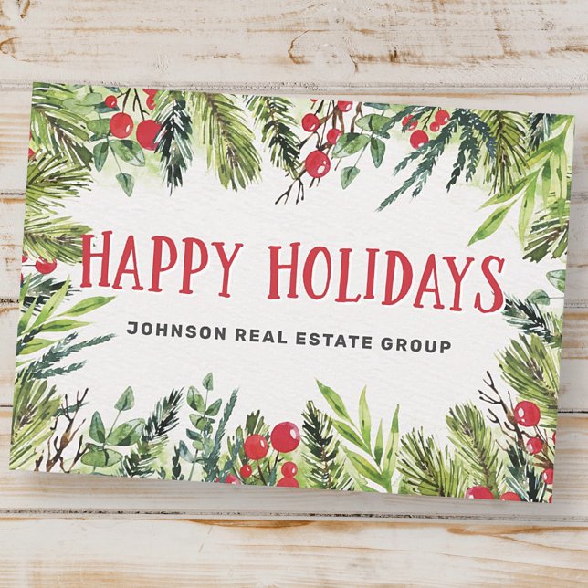 Cartes Pour Fêtes Annuelles Aquarelle moderne feuillage et baies Holly (Créateur téléchargé)