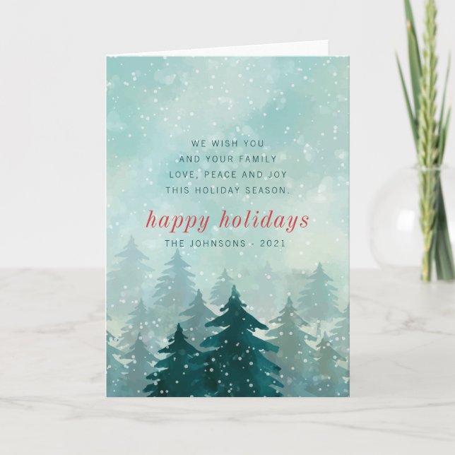 Cartes Pour Fêtes Annuelles Aquarelle moderne Noël Forêt de neige d'hiver (Devant)