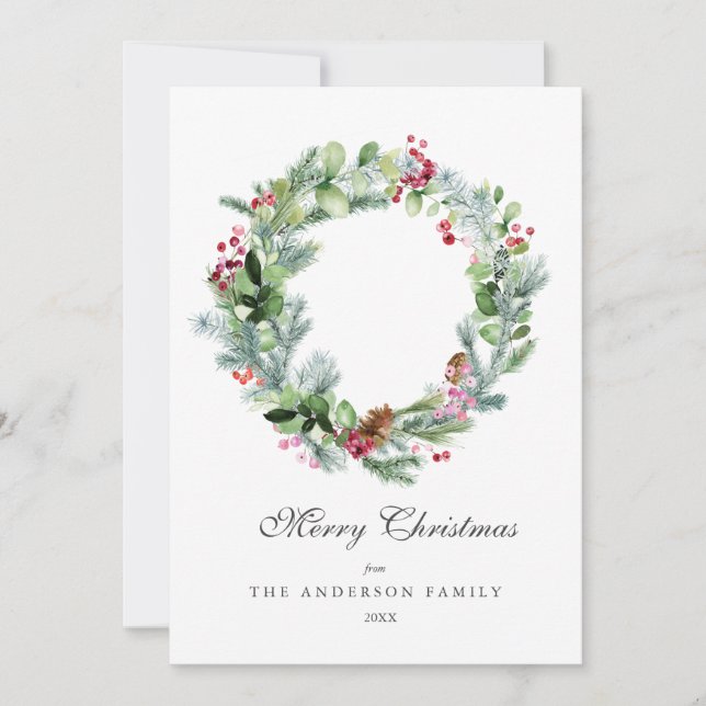 Cartes Pour Fêtes Annuelles Aquarelle moderne Wreath À feuillage persistant an (Devant)