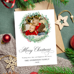 Cartes Pour Fêtes Annuelles Aquarelle moderne Wreath Bow Photo Noël