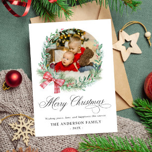 Cartes Pour Fêtes Annuelles Aquarelle moderne Wreath Bow Photo Noël