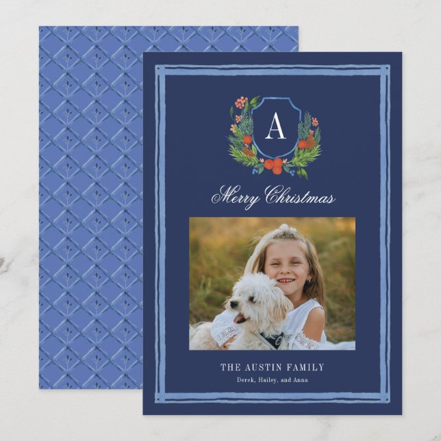 Cartes Pour Fêtes Annuelles Aquarelle Monogramme Famille Crest Noël (Devant / Derrière)