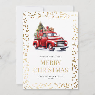 Cartes Pour Fêtes Annuelles Aquarelle neige dorée Camion rouge Arbre de Noël