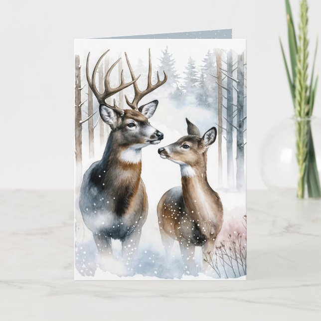 Cartes Pour Fêtes Annuelles Aquarelle Noël Buck et Doe (Devant)