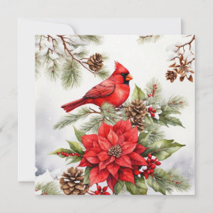 Cartes Pour Fêtes Annuelles Aquarelle Noël Cardinal rouge et Poinsettia